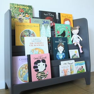 a Montessori bookcase for kids, a front facing bookshelf in dark grey, kids bookcase