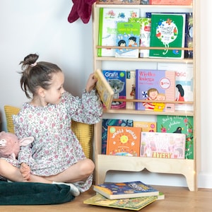 Montessori wall shallow bookcase for kids, self serve book shelf