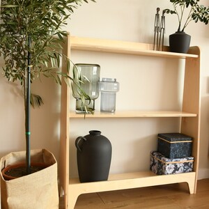 May include: A light wood shelf unit with three shelves. The top shelf has a small potted plant with green leaves and a black vase. The middle shelf has a clear glass vase and a blue glass vase. The bottom shelf has a black ceramic vase and two boxes with floral patterns.