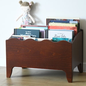 Librería Montessori marrón oscuro, estantería infantil, biblioteca baja para niños, almacenamiento para juguetes, contenedor de basura