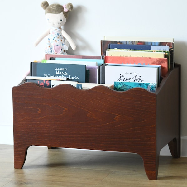 dark brown Montessori bookcase, kids bookshelf, low library for children, Storage for Toys, Chest Bin