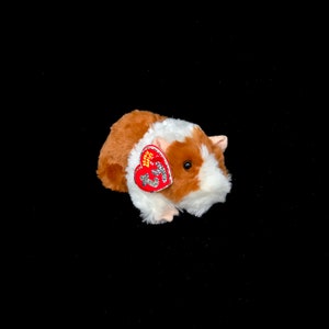 以下が含まれることがあります： 茶色、白、タン色の毛皮のぬいぐるみモルモット。おもちゃには赤いハート型のタグが付いています。おもちゃは黒い背景に設定されています。