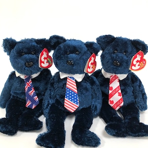 Vintage TY "Pops" the Bear (2001) Beanie Baby // Wearing Canada, UK, or USA Flag Necktie // Father's Day Gift