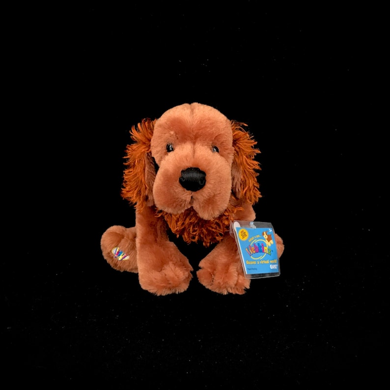 Op de afbeelding: Een bruine en oranje Webkinz pluche hond met een label waarop staat "Webkinz Ontdek een virtuele wereld".