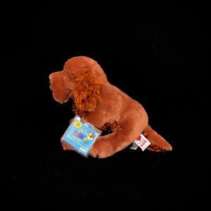 Op de afbeelding: Bruine Webkinz pluche hond met een rood hartlabel met de tekst "Ganz". De hond heeft slappe oren en een lange staart. De hond houdt een blauw en geel Webkinz label vast met de tekst "Ontdek een virtuele wereld".