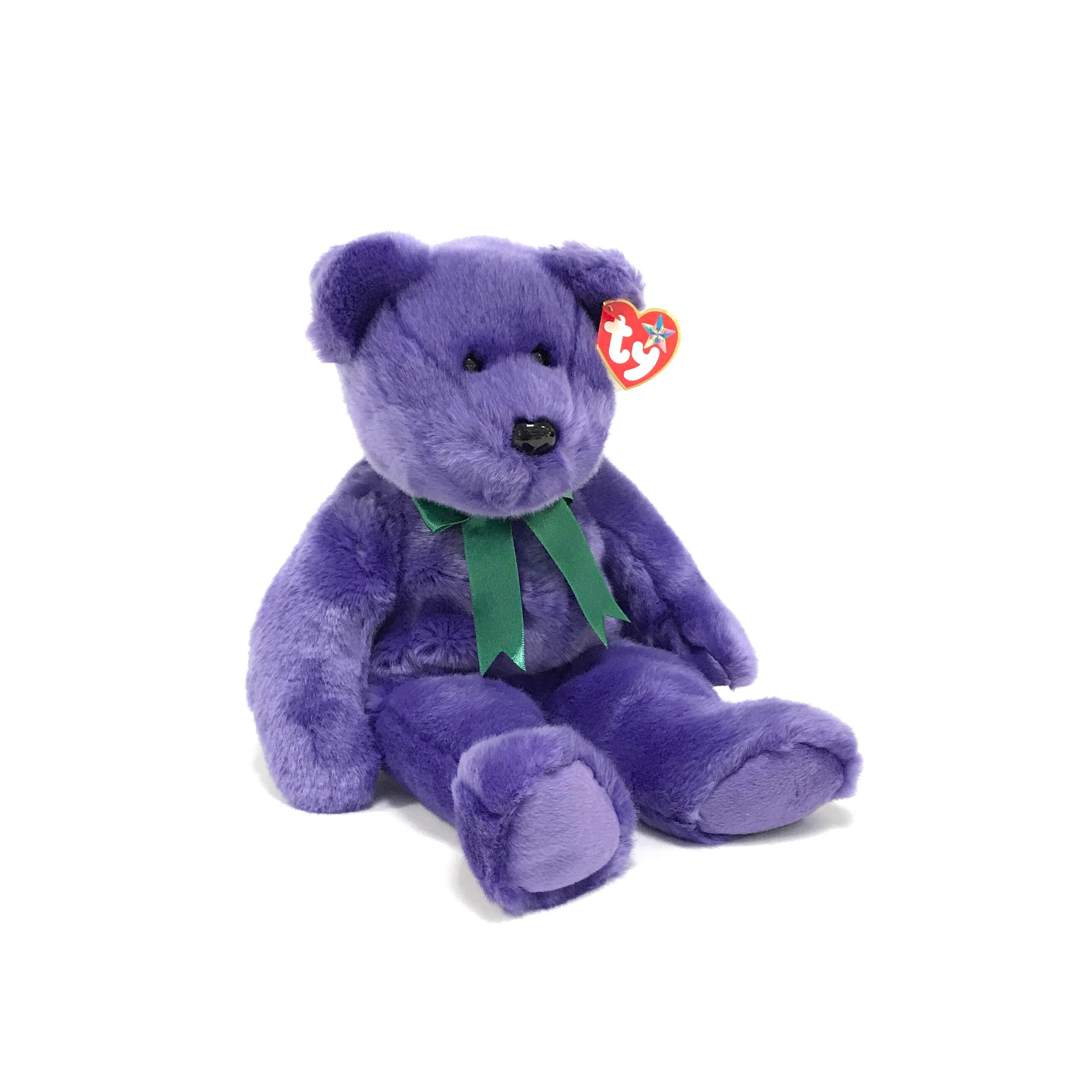 TY Employee Bear Purple w/ Green Bow 2000 THE BEANIE BUDDIES COLLECTION 