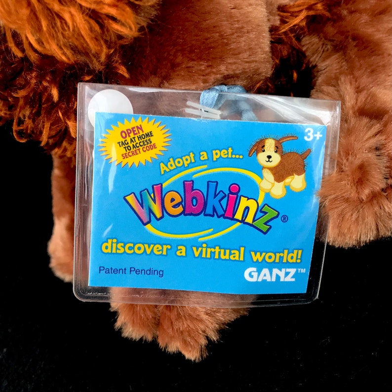 Op de afbeelding: Een bruin Webkinz pluche hondenspeelgoed met een blauw label waarop staat "Adopteer een huisdier... Webkinz ontdek een virtuele wereld!" en "GANZ" in een blauwe cirkel. Het label heeft ook een klein plaatje van een bruine en witte hond.
