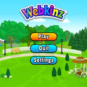 Op de afbeelding: Een kleurrijk Webkinz-spelmenu met een cartoon-stadsc&egrave;ne. Het menu heeft drie knoppen: Spelen, Stoppen en Instellingen.