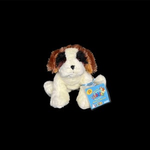 Puede incluir: Un perro de peluche San Bernardo con detalles de pelo marrón y negro en la cabeza y las orejas, y un cuerpo blanco. Tiene una nariz negra y una etiqueta azul que dice "Webkinz". El peluche está sobre un fondo negro.