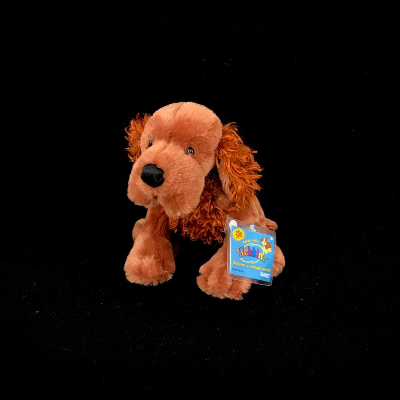 Op de afbeelding: Een bruine en oranje Webkinz pluche hond met een label waarop staat "Ontdek een virtuele wereld!" en "Gant".