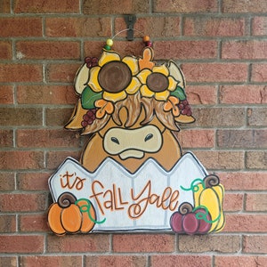 Highland Cow Door Hanger, Fall Front Door Decor, It&#39;s Fall Y&#39;all Sign, Pumpkin Door Sign, Fall Door Wreath, Fall Door Hanger, Fall Door Sign