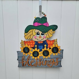 Scarecrow Door Hanger, Fall Blessings Sign, Autumn Door Sign, Sunflower Door Hanger, Scarecrow Porch Decor, Thanksgiving Door Hanger