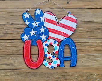 Patriotic Door Hanger, Memorial Day Décor, Patriotic Home Décor, 4th of July Front Door Décor, Peace Love USA, Summer Door Hanger