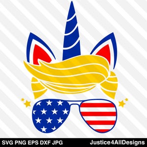 May include: A unicorn with a yellow, wavy mane and blue horn, wearing red, white, and blue sunglasses with stars and stripes. The unicorn has red ears with blue tips.