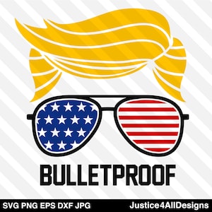 Könnte beinhalten: Eine gelbe Frisur mit einer Sonnenbrille im amerikanischen Flaggen-Design und dem Text "BULLETPROOF" darunter.