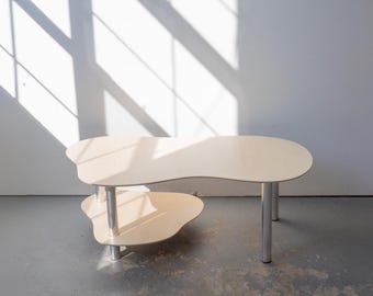 Squiggle Coffee Table – Birch Wood, Chrome Legs, Two-Tier Curvy Design