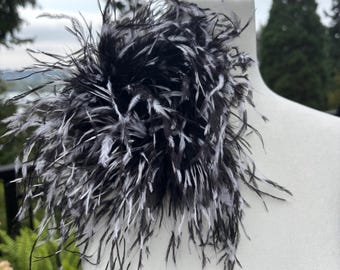Grand Ostrich Feather Pin Clip, Black and White Dietrich Style