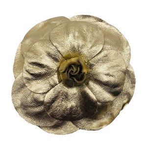 Karin&#39;s Garden 5&quot; Metallic Gold Leather Camellia Pin Brooch Clip.  Handmade in the USA