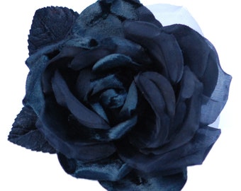 Karin's Garden 4" Black Silk Velvet Rose Pin.  Fabric Flower Brooch Pin Accessory. Vintage Rose for designer St John Knits Carrie Bradshaw