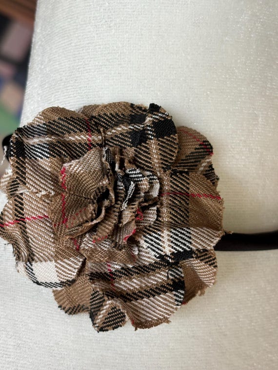 Karin s Garden Classic Tan plaid 2.75 flower choker. Tie at the neck. Made in the USA. Satin Cording
