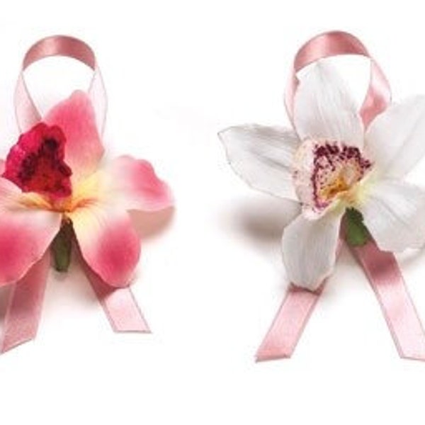 Karin's Garden 2 1/2" Orchid Pin Brooch Breast Cancer Awareness Handmade in the USA Available in Pink or White Orchids with Silk Ribbon