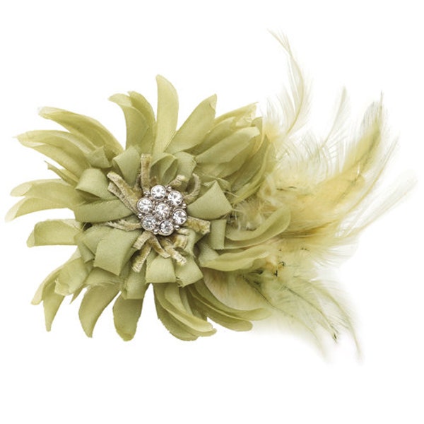 Karin's Garden 3 1/2" Moulin Silk Feather Pin Brooch Clip.  Clip into Hair or wear on Lapel