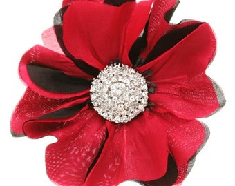 Karin's Garden 3.5" Silk Poppy Pin Brooch Clip with Swarovski Crystals Center Handmade in the USA.  Clip into Hair or wear on Lapel.