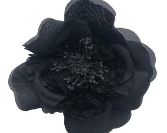 Karin's Garden 5" Black Silk Cabbage Rose Pin Brooch Clip