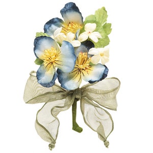 May include: A bouquet of blue and yellow flowers with green leaves tied together with a light brown ribbon.