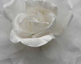 Karin's Garden 10" "Ariana" White Silk Velvet Organza Rose Pin & Clip. A Statement Flower!!