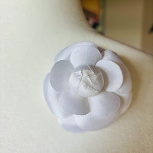 Karin&#39;s Garden 3&quot; Classic Silk Satin Camellia Flower Pin Brooch Pin White Clip Flower clip or Flower pin.  Made in the USA