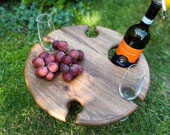 Wooden Wine Picnic Table | Charcuterie Board With Glass Holders | Folding Snack Table for Wine Lovers | Wine & Cheese Table | Perfect Gift