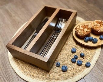 Wooden Flatware Organizer Box | Walnut Silverware Drawer | Rustic Cutlery Tray | Wooden Utensils Organizer | Natural Wood Silverware Holder
