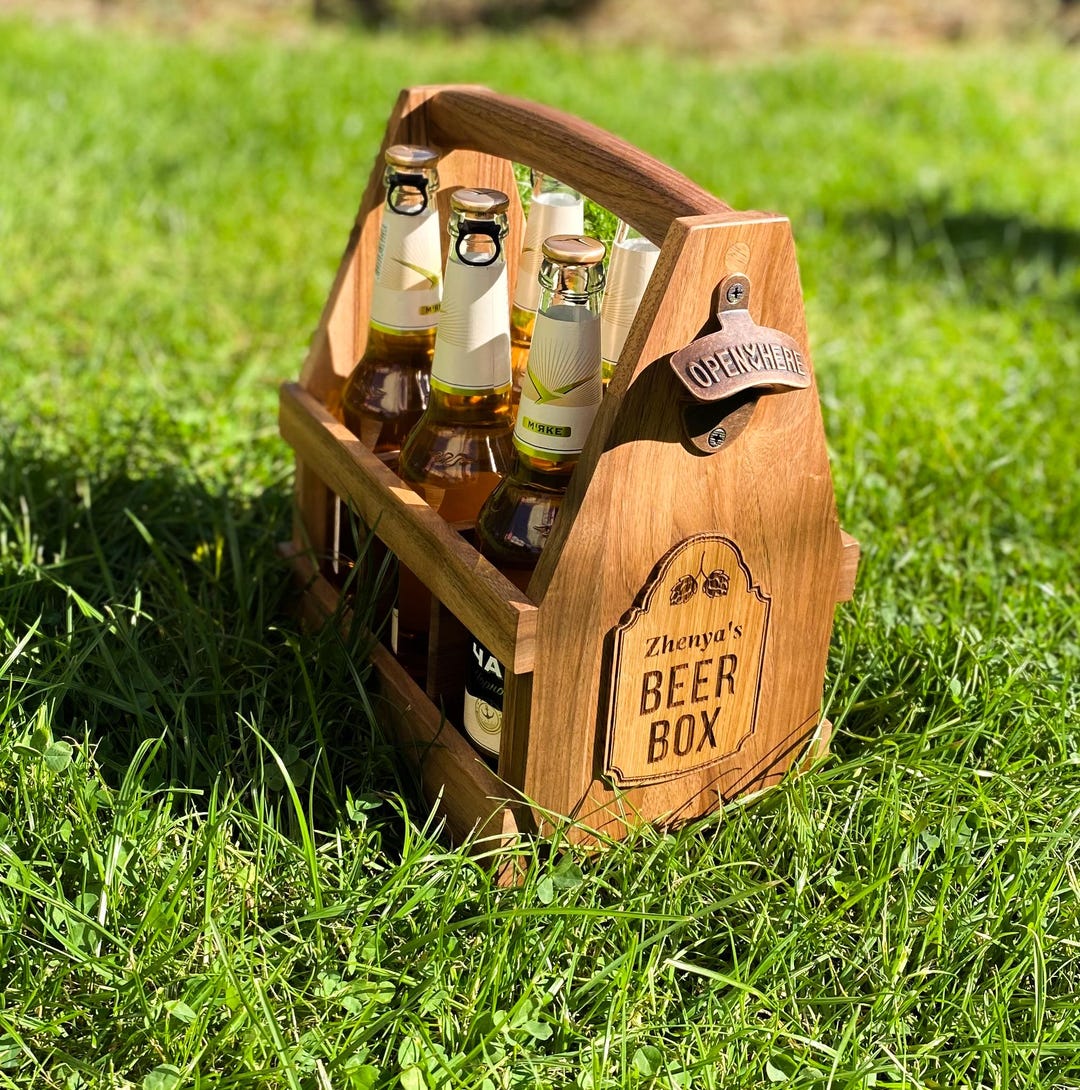 Wooden Beer Box With Opener | Personalized Beer Carrier for 6 Bottles ...