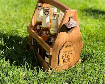 Houten bierkist met opener | Gepersonaliseerde bierdrager voor 6 flessen | Cadeau voor bruidegom | geschenkdoos voor bier | Verjaardagscadeau voor hem