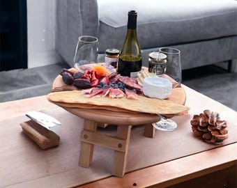Tavolo da picnic portatile da esterno per vino, picnic, vassoio per snack e formaggi, tavolo da picnic in legno con supporto in vetro, tavolo pieghevole per vino e champagne per campeggio, spiaggia