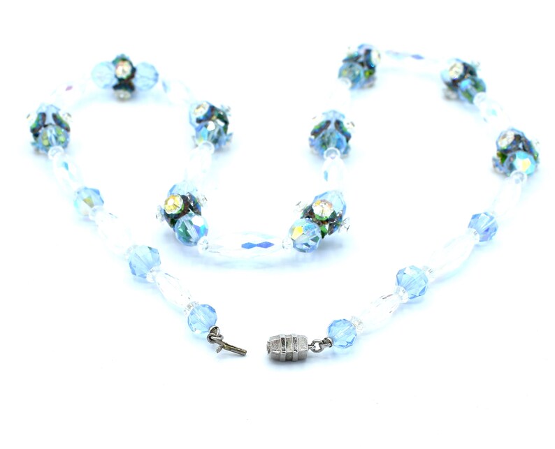 Vintage AB Necklace Single Stand Faceted Clear Aurora Borealis Crystals Margarita Flower Shaped Clusters Matching Clip-On Earrings