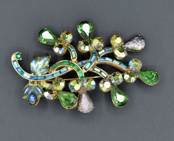 Large Signed Hollycraft Brooch Pin / Green Aurora Borealis Rhinestones /  Gold-tone Metal - Etsy