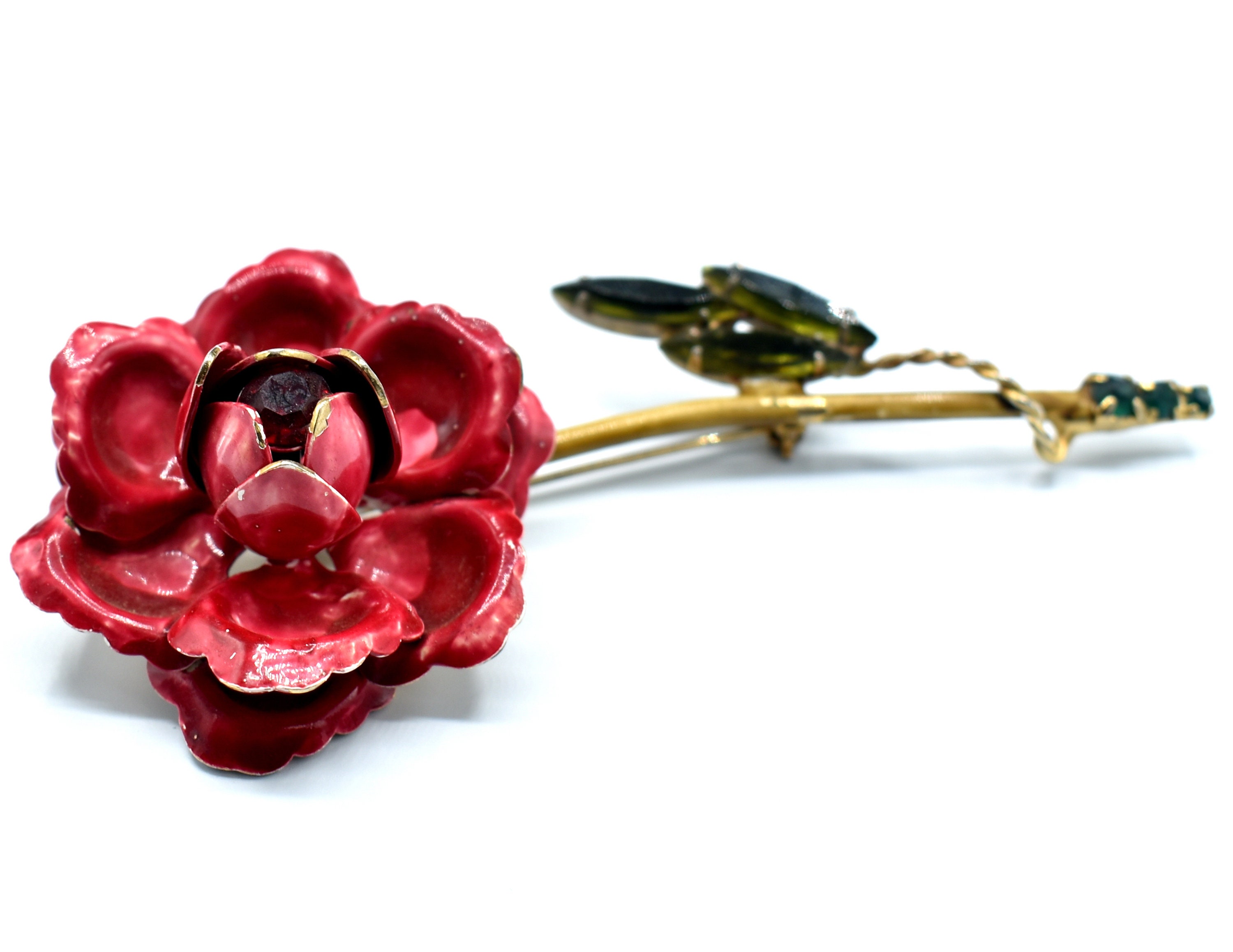 Signed Weiss Red Flower Brooch Pin / Red Center / Green Etsy
