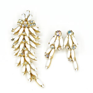 Vintage Cascading White Milk Glass Brooch Pin and Matching Clip-On Earrings / Skinny Navette Stones / AB Rhinestones / Gold-Tone Metal