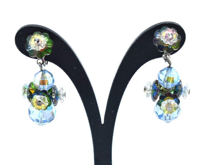Vintage AB Necklace Single Stand Faceted Clear Aurora Borealis Crystals Margarita Flower Shaped Clusters Matching Clip-On Earrings