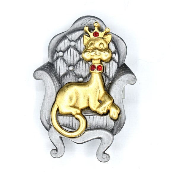 Vintage Regal Cat Sitting in High-Back Chair Brooch Pin / Red Rhinestones / Signed AJC / Silver and Brushed Gold Tone Metal