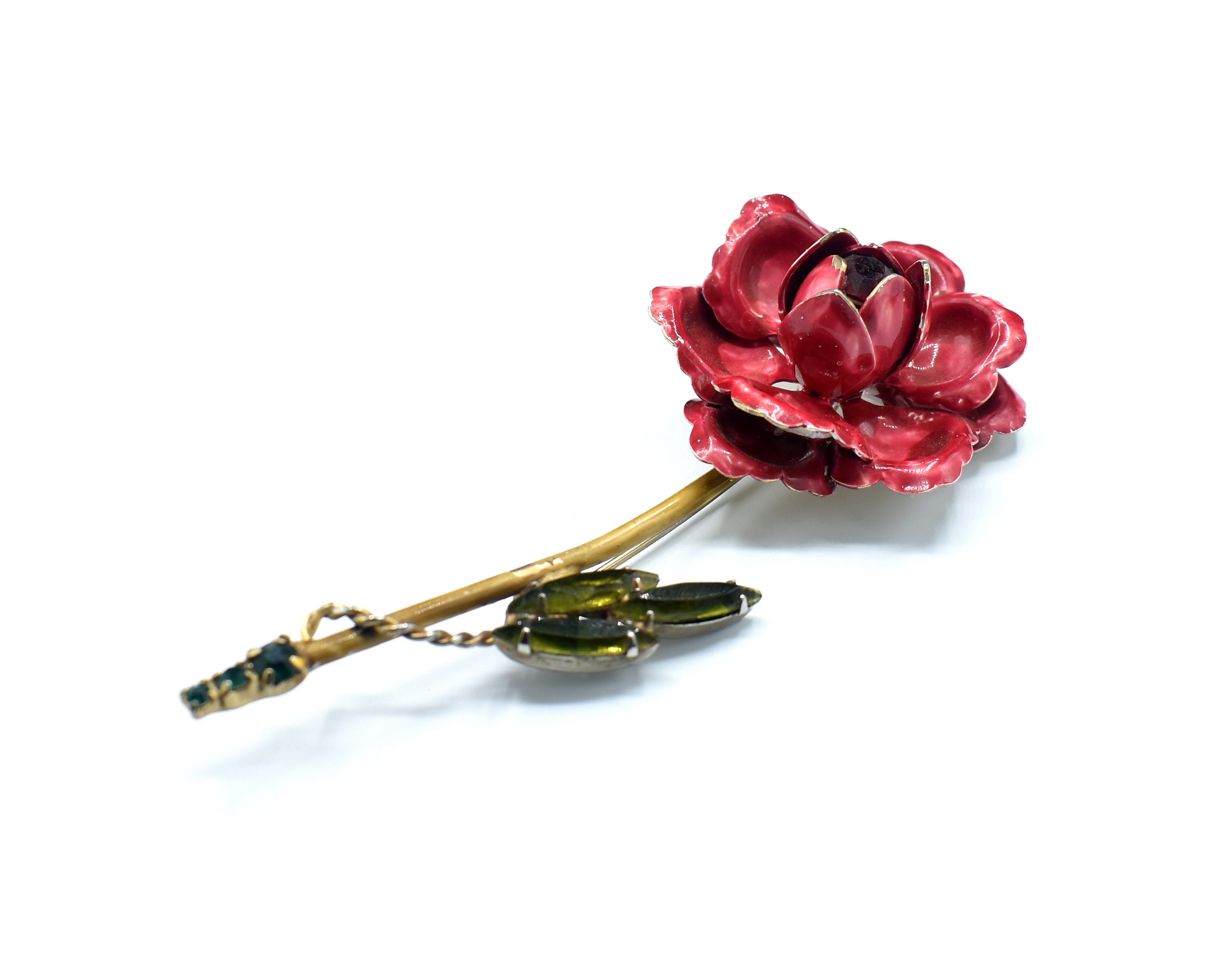 Signed Weiss Red Flower Brooch Pin / Red Center / Green Etsy
