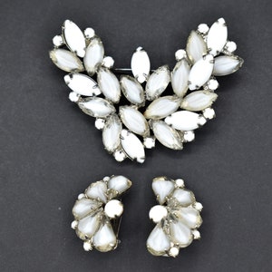 Vintage White Milk Glass and White Givre Brooch Pin with Matching Clip-On Earrings / Prong-Set Navette and Round Stones / Silver-Tone Metal