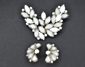 Vintage White Milk Glass and White Givre Brooch Pin with Matching Clip-On Earrings / Prong-Set Navette and Round Stones / Silver-Tone Metal