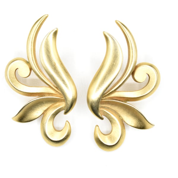 Vintage JJ Jonette Brushed Gold-Tone Pierced Earrings / Swirling Design / Fler De Lis Design / 2” Inches Long / 1986