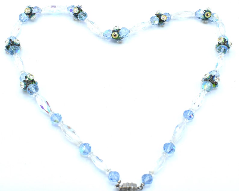 Vintage AB Necklace Single Stand Faceted Clear Aurora Borealis Crystals Margarita Flower Shaped Clusters Matching Clip-On Earrings