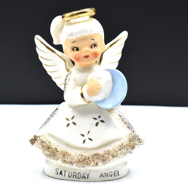 Vintage Norcrest Saturday Day of the Week Angel Figurine / Holding Blue Dish with White Dishcloth /Gold Accented Spaghetti Trim / F210