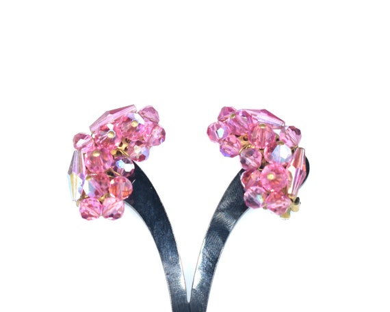 Faceted Pink Aurora Borealis Crystal Clip-On Earr… - image 1