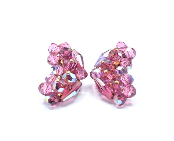 Faceted Pink Aurora Borealis Crystal Clip-On Earr… - image 5